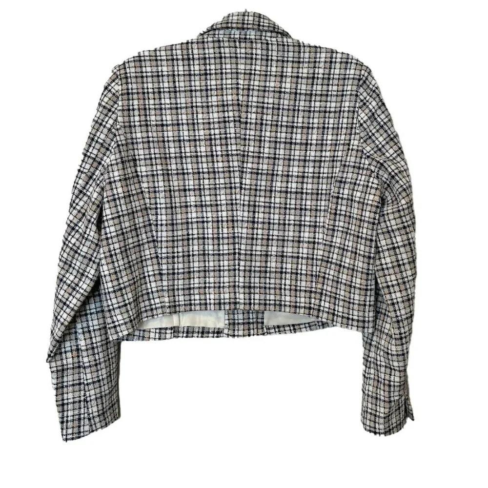 Abercrombie & Fitch White, Tan & Blue Plaid Textured Cropped Blazer - Size L - Picture 3 of 6